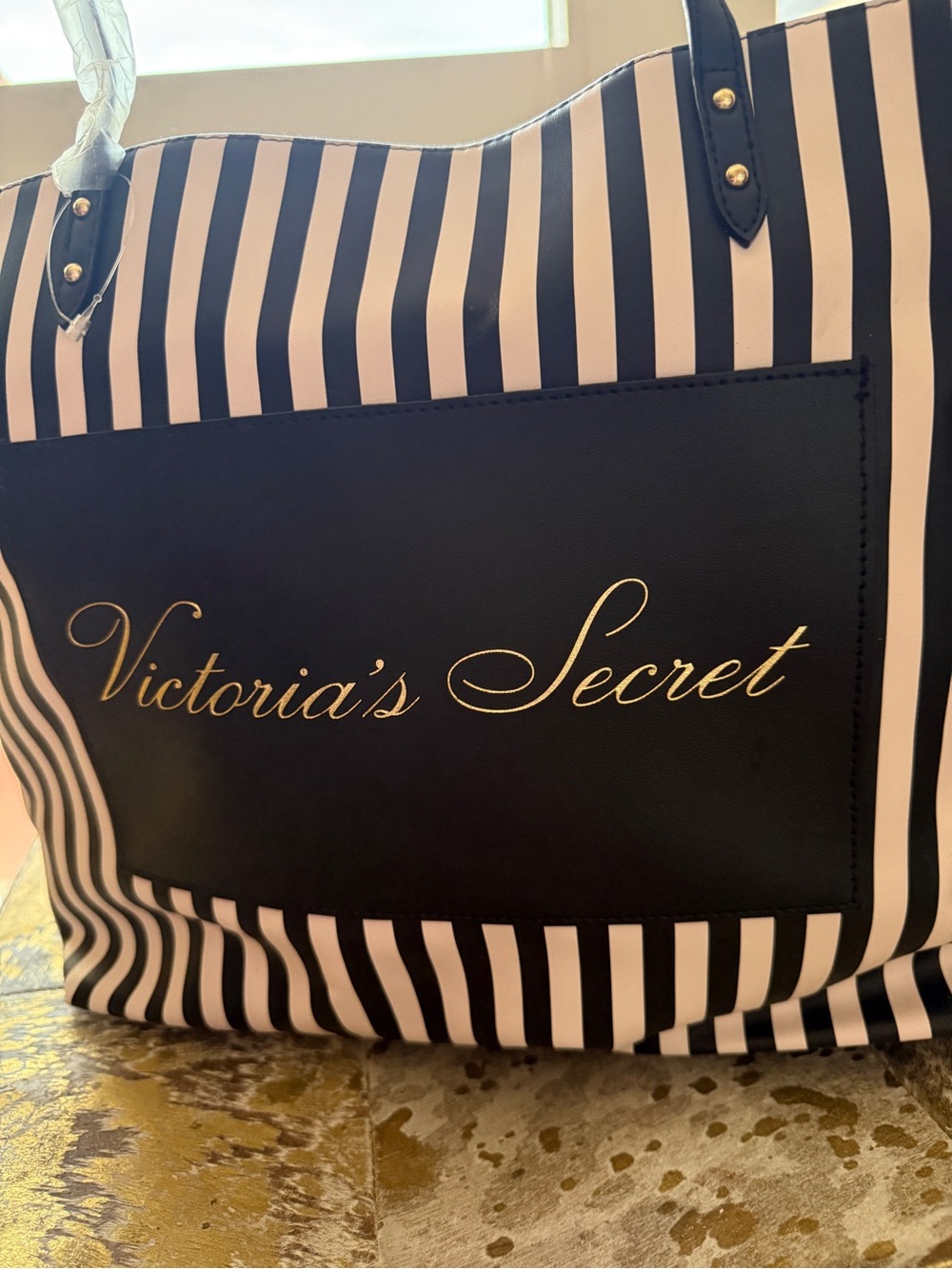 NWT Victoria's Secret Black and White Striped Tote with Gold Logo - Picture 2 of 5